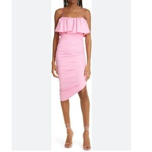 NWOT Cinq a Sept Christa Ruffle Asymmetric Dress Ruched Pink Square Neck 0